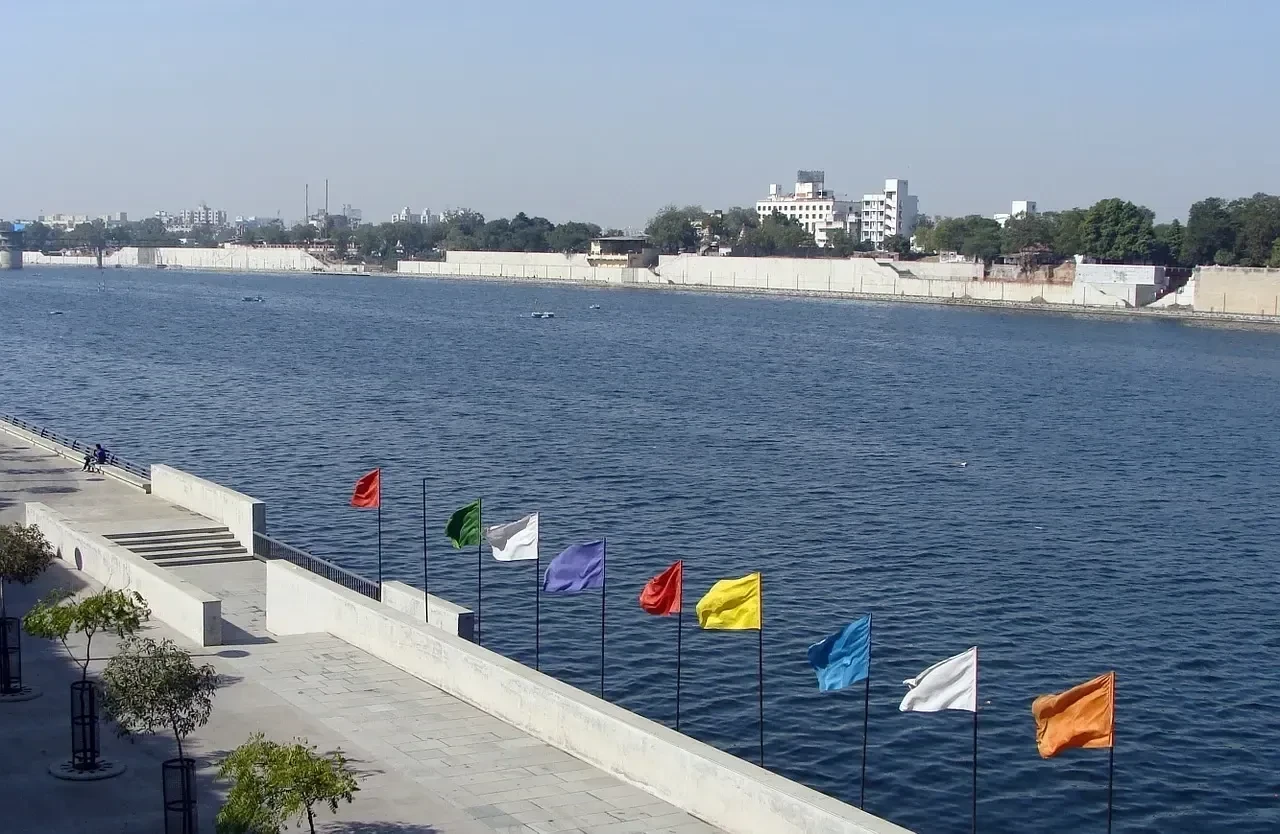 Sabarmati Riverfront promenade with flags